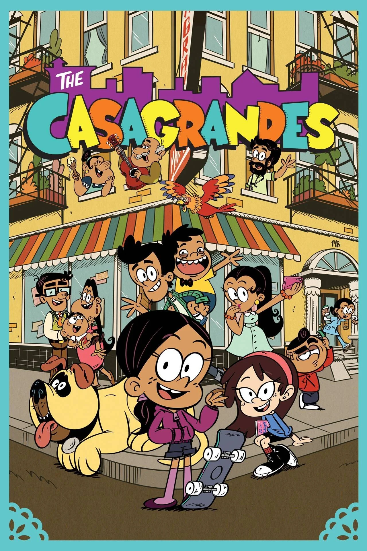Colorful cartoon cover of the animated TV show 'The Casagrandes' featuring diverse children, a dog, and a parrot on a city street in front of an apartment building, with more children and characters on the balconies and in the windows, some taking selfies, playing music, and enjoying the lively neighborhood.