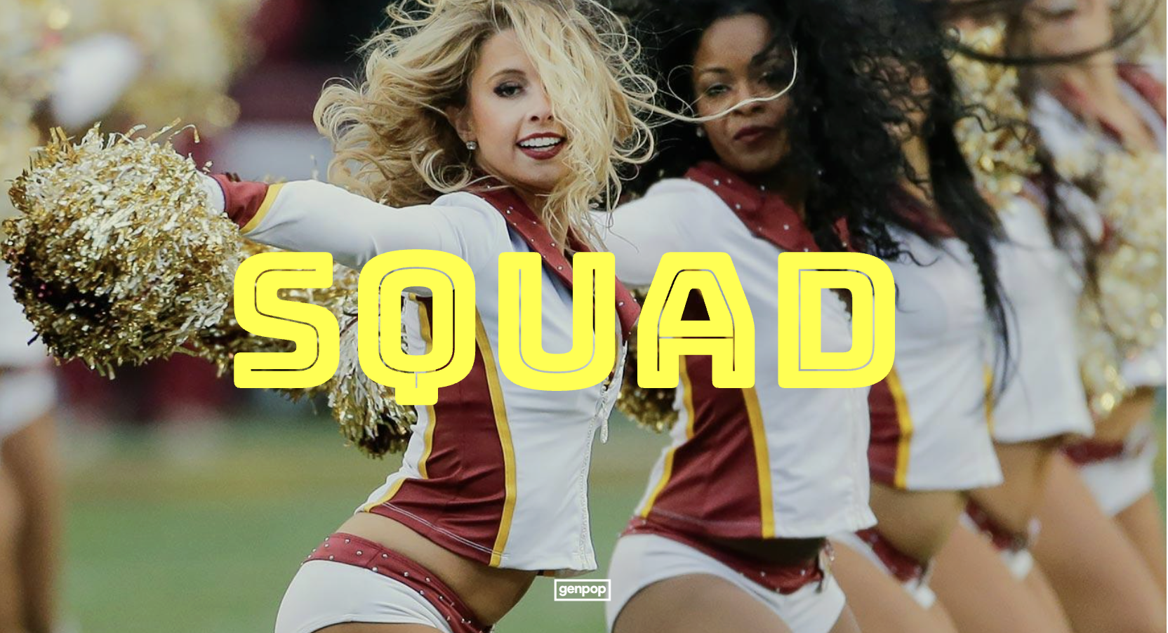 a line of NFL cheerleaders perform a pom routine, their hair covering their faces