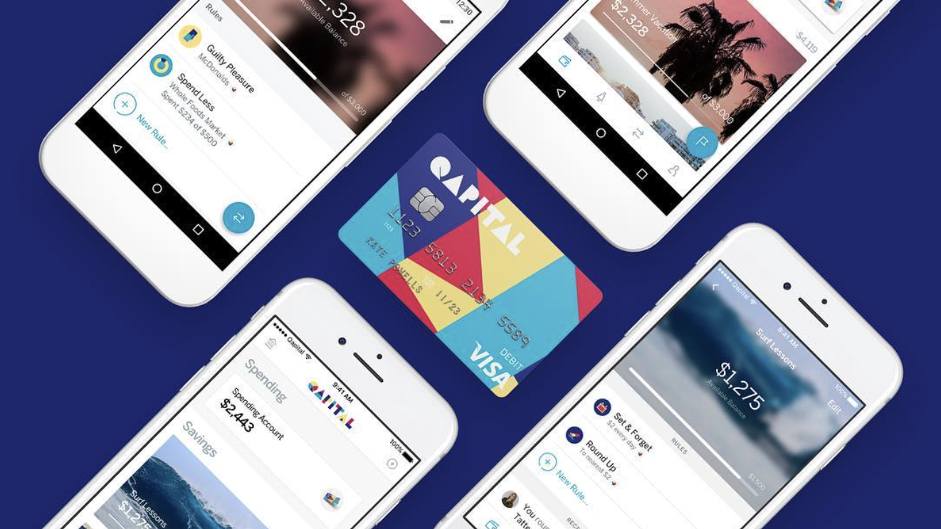 four smart phones with dollar amounts, palm trees and bright skies sit around a brightly colored and geometrically designed credit card