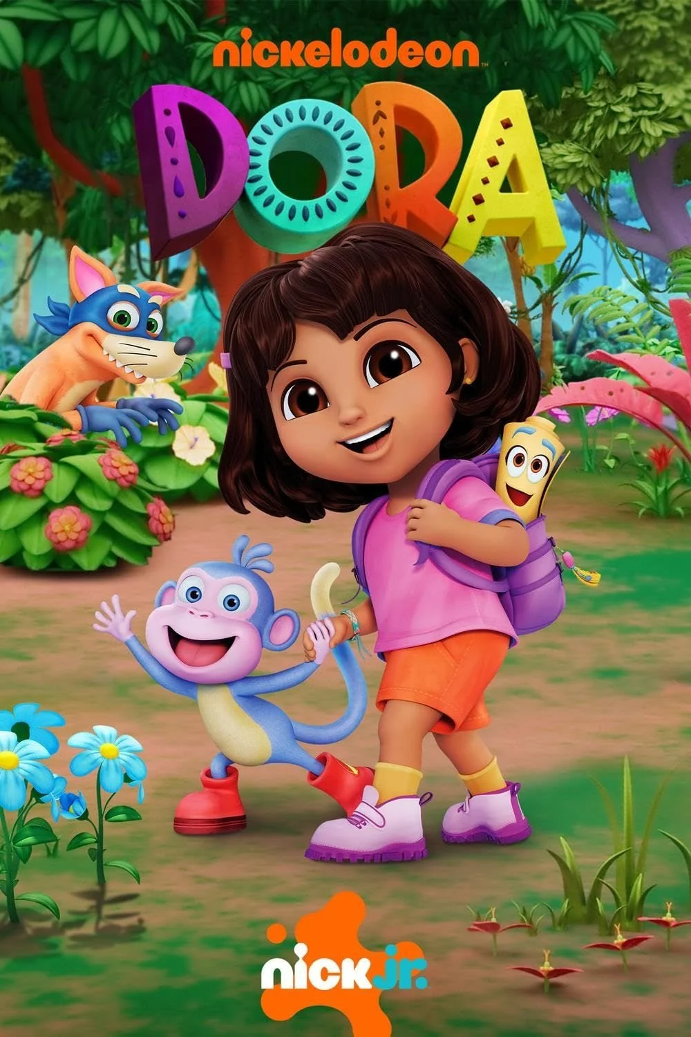 poster image of Dora the Explorer, wearing her Backpack with Map sticking out, holding hands with a joyful-looking monkey Boots, and Swiper the Fox sneakily hiding in the back