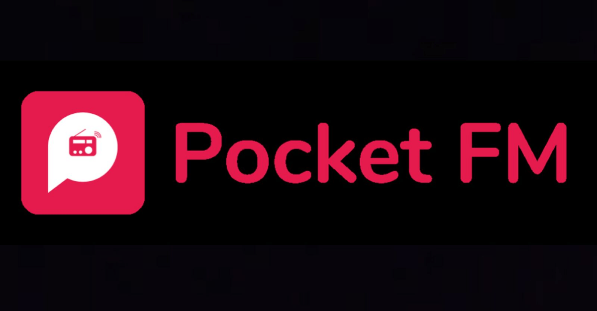 Pocket FM app logo with a speech bubble containing a radio icon and the text 'Pocket FM' in pink.