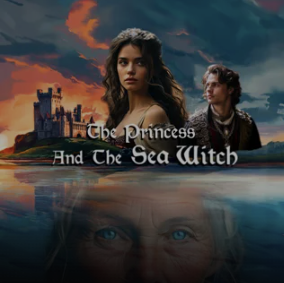 A fantasy illustration featuring a castle in the background, a young woman with long dark hair and a young man with brown hair, beneath a dramatic sky with clouds and a glowing sunset. The title "The Princess And The Sea Witch" overlays the image, with the lower part showing a reflection of an older man's blue eyes in the water.