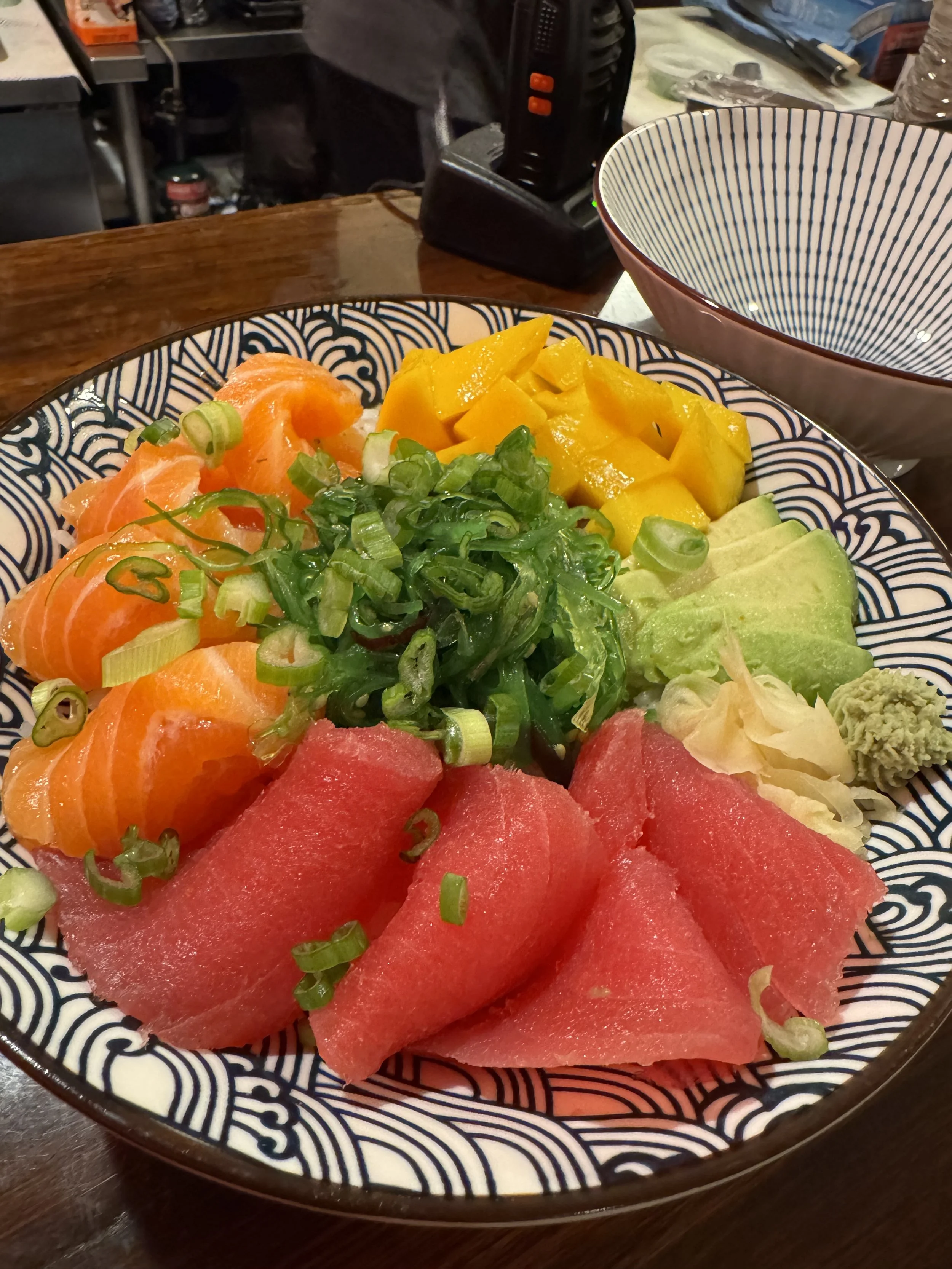 A bowl of assorted fresh sashimi, including slices of salmon, tuna, and yellowtail, garnished with green onions and wasabi, on a decorative plate.