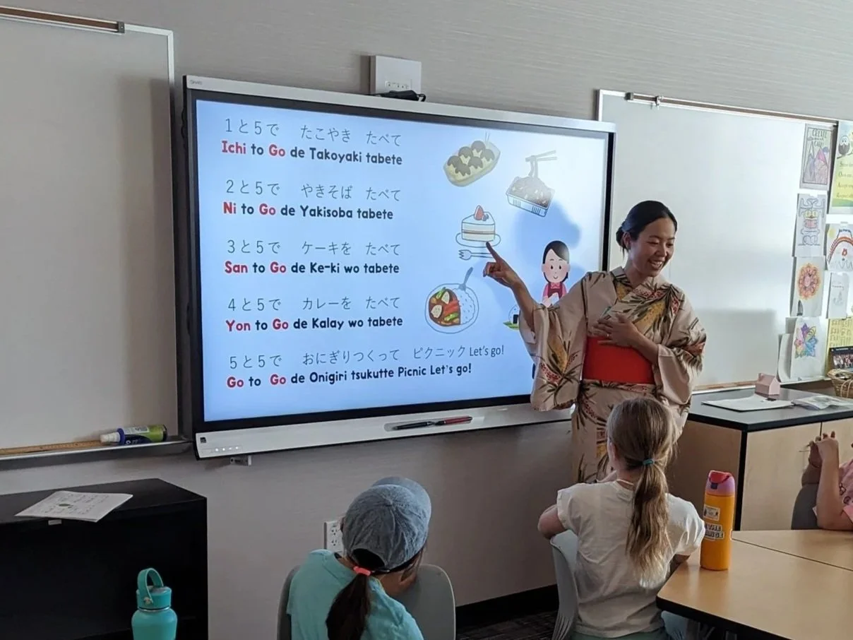 A teacher in traditional Japanese attire standing in front of a classroom, pointing at a digital screen displaying Japanese language instructions about going to various places and eating different foods, with illustrations of food items beside each l