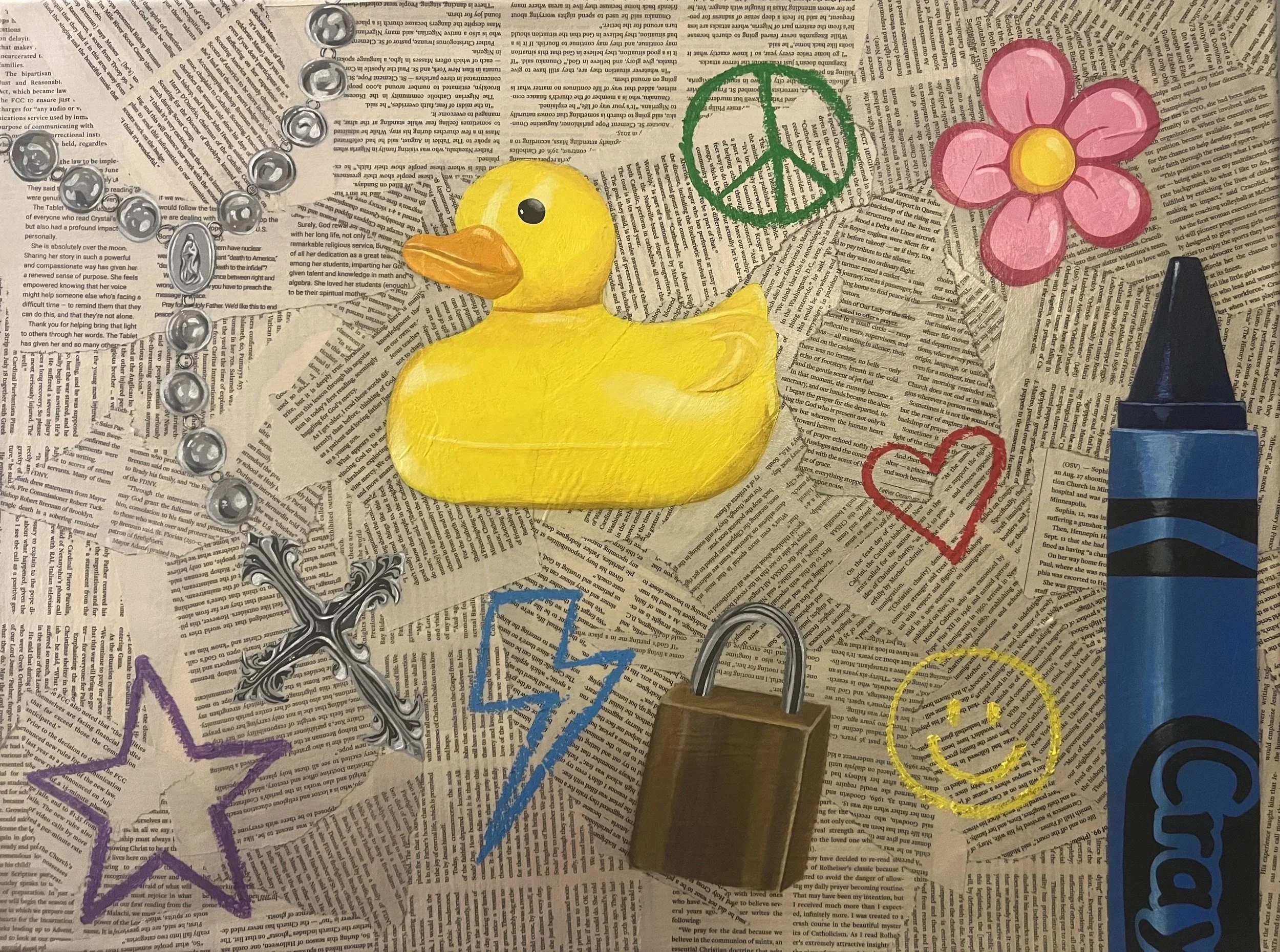 Looking Back, collaged newspaper, acrylic and oil pastels on canvas, 18"x24", 2025