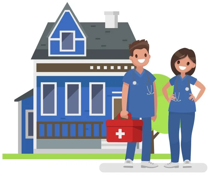Two healthcare professionals, a male and a female, stand in front of a house. The male is holding a medical kit, and both are smiling.