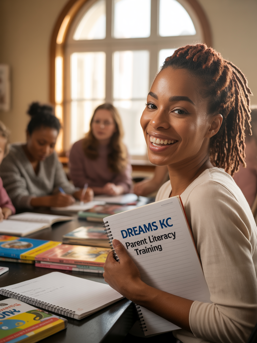 A woman smiling and holding a notebook that says "DREAMS KC Parent Literacy Training" during a group workshop in a classroom with large windows.