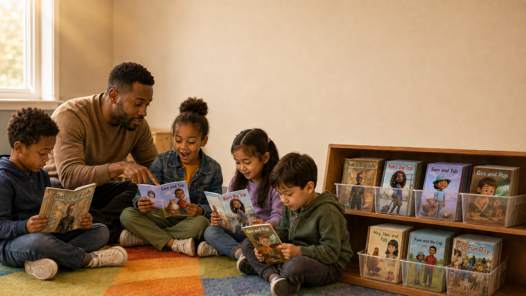 A teacher and students sitting together reading children's books in a brightly lit classroom.