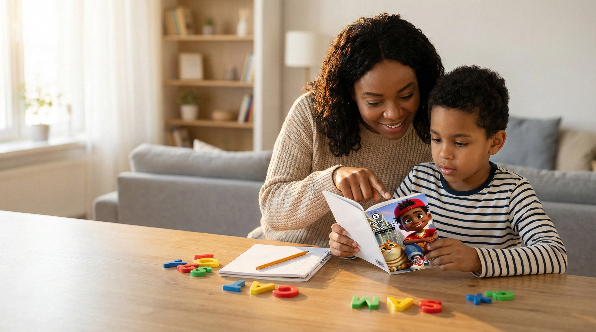mom and son reading book
