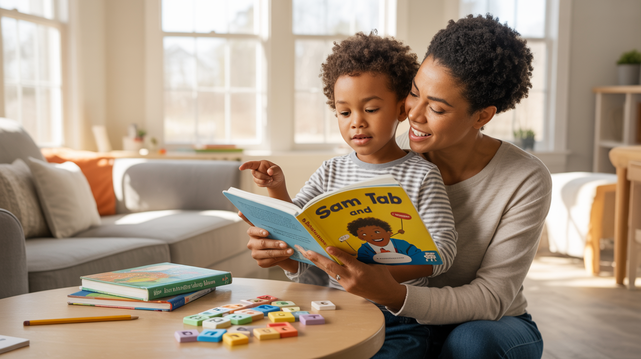 A woman and a young boy sitting at a table reading a children's book titled 'Sam Tab and...' in a brightly lit living room with large windows, a gray couch with pillows, and books and alphabet letters on the table.