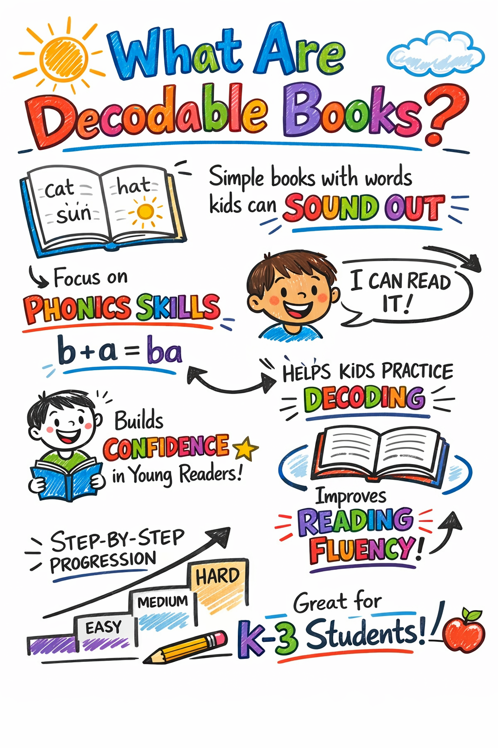 Colorful illustrated poster explaining decodable books for young children. Features a sun, cloud, open book with simple word examples, a smiling boy with speech bubble saying 'I can read it,' and a smiling girl holding a book. Highlights phonics skills, decoding, reading fluency, and step-by-step progression from easy to hard, aimed at K-3 students.