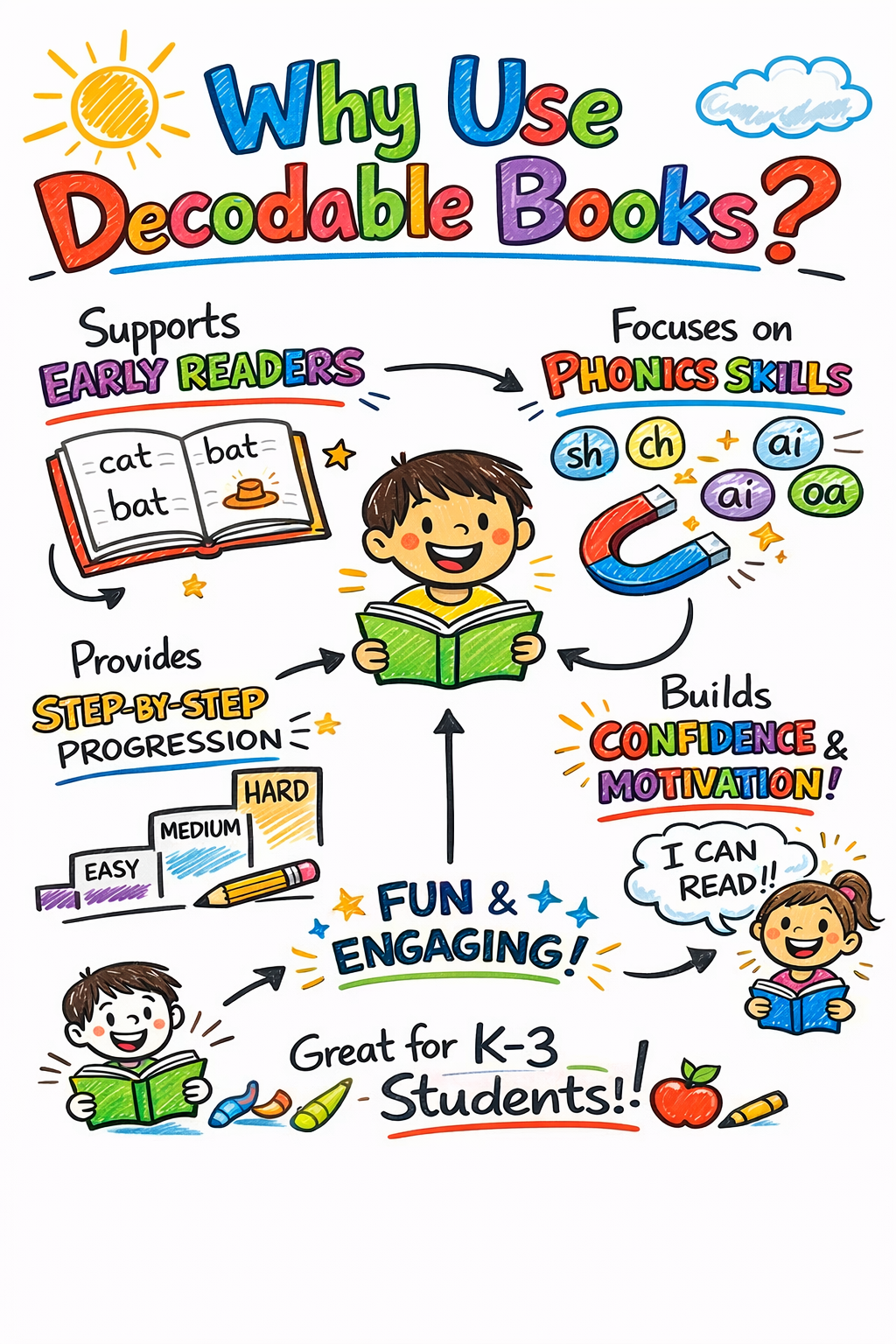 Colorful infographic explaining the benefits of decodable books for early readers. Features include supporting early readers with step-by-step progression, focusing on phonics skills, building confidence and motivation, and making reading fun and engaging for K-3 students.