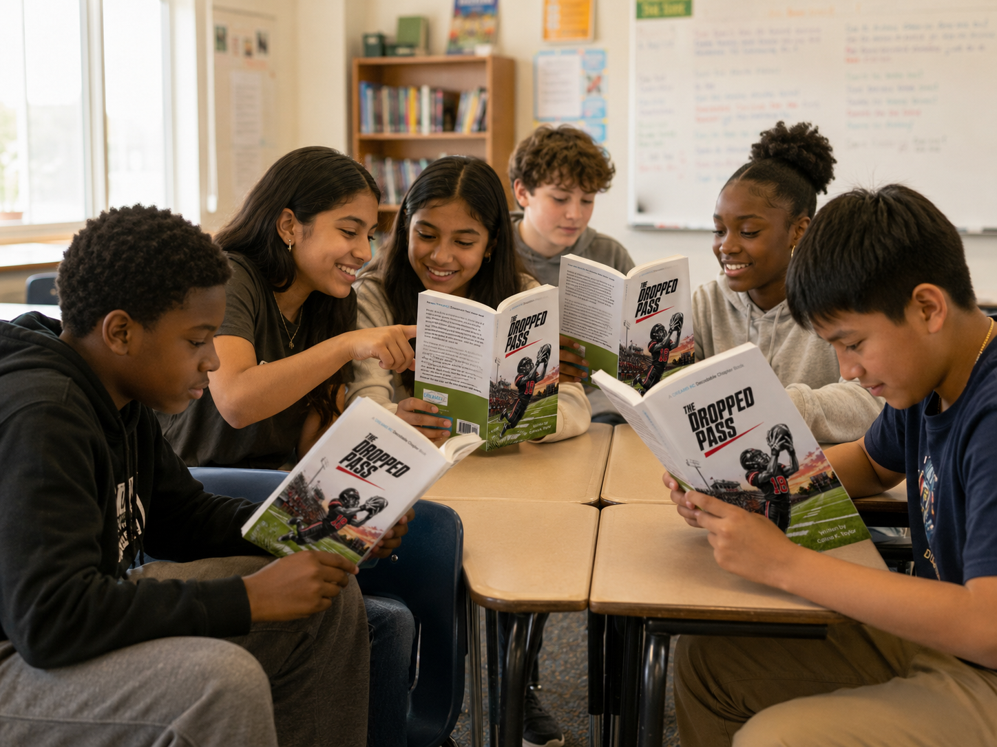 Six students sitting around a classroom table, reading a book titled 'The Dropped Pass', with smiling faces and engaged expressions.