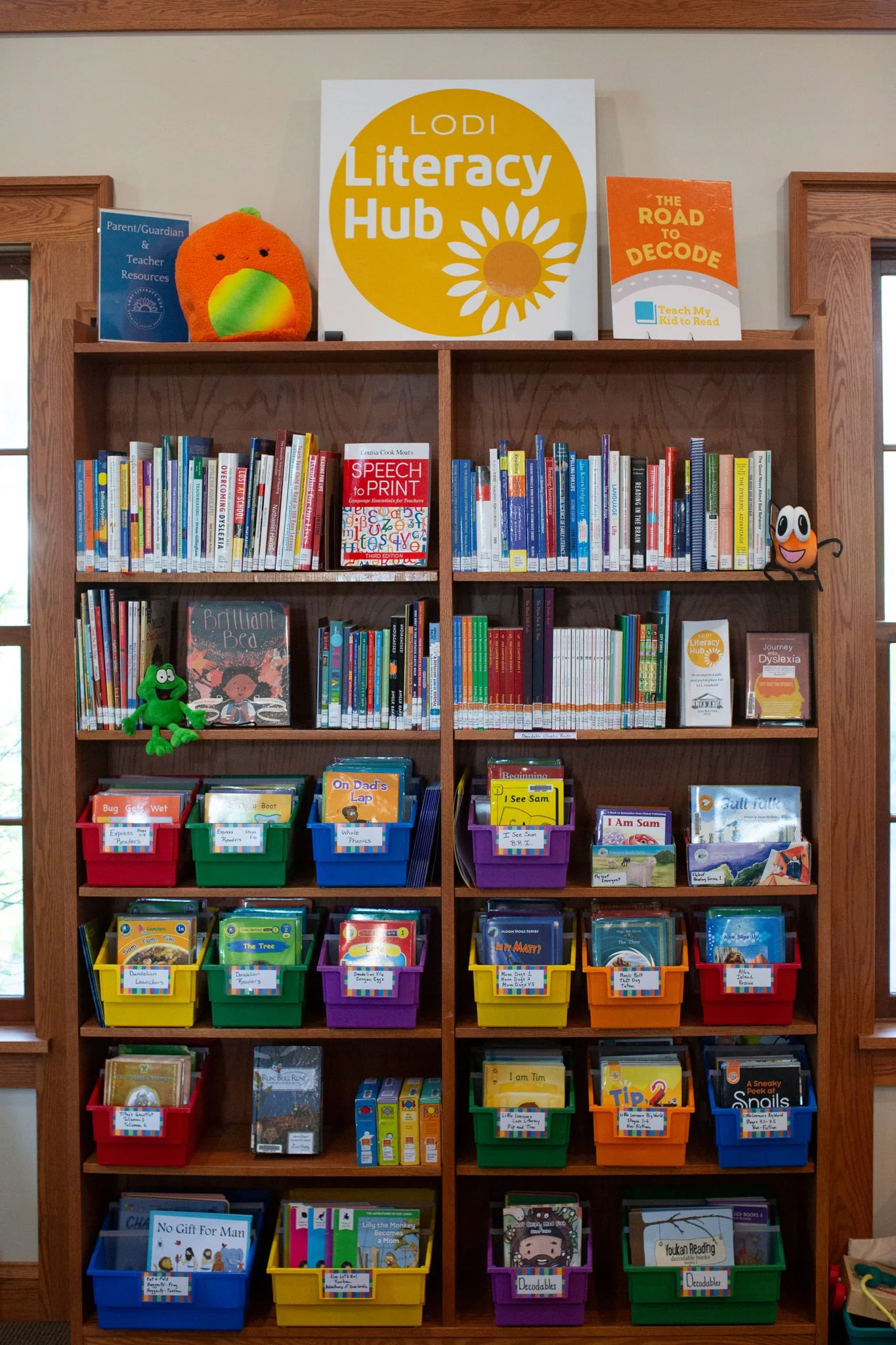 Bookshelf filled with children's books and educational materials at the Lodi Literacy Hub, topped with a plush pumpkin and two books, with colorful bins of books and educational resources.