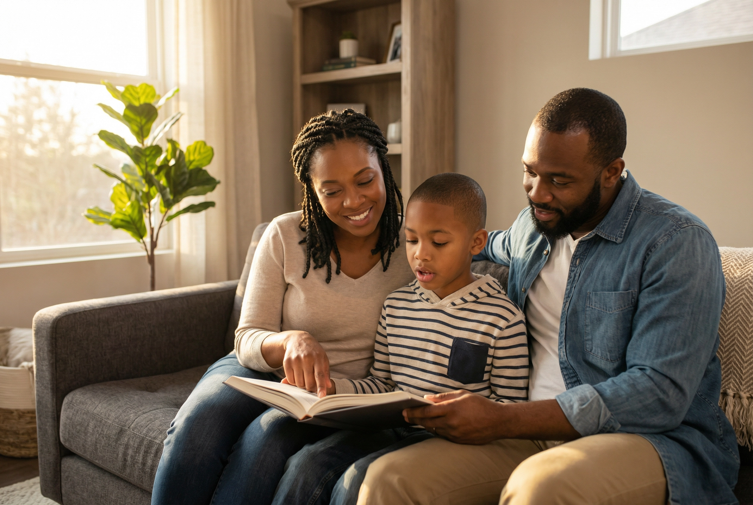 Parents reading with son