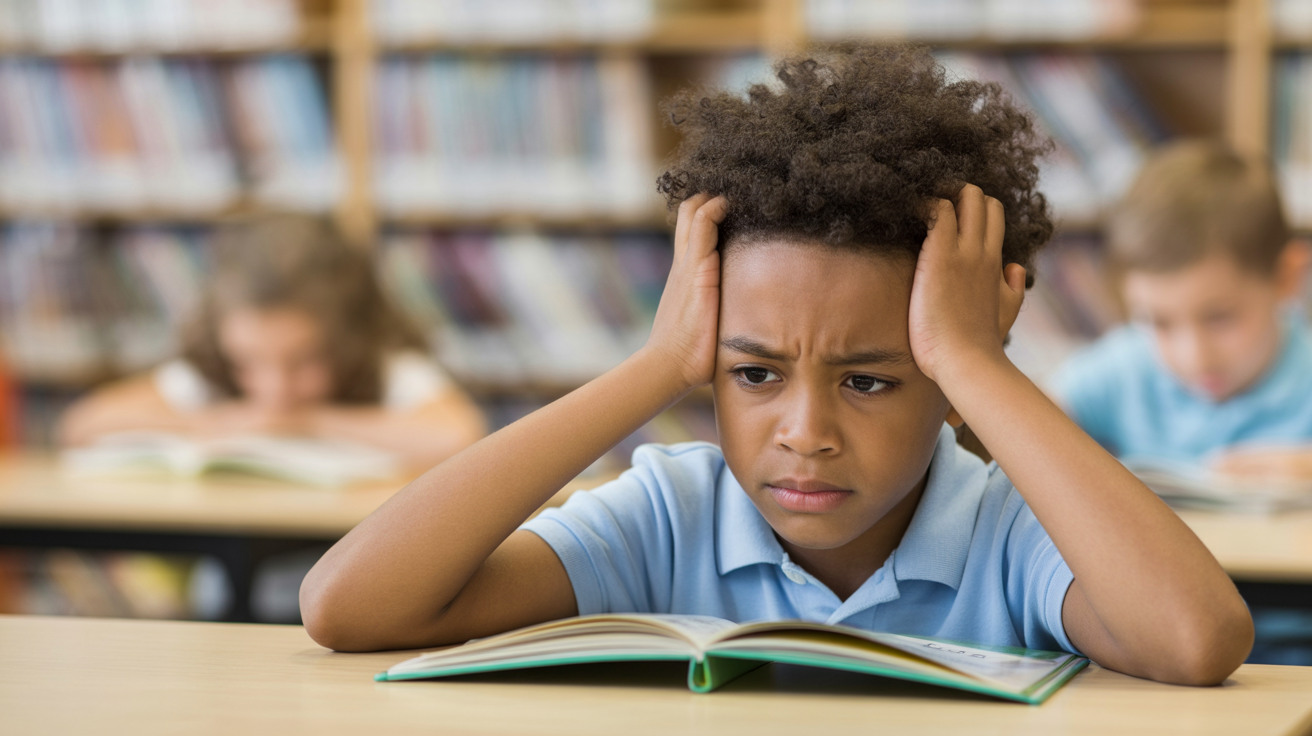 A young boy holding his head in frustration while reading a book in a library.