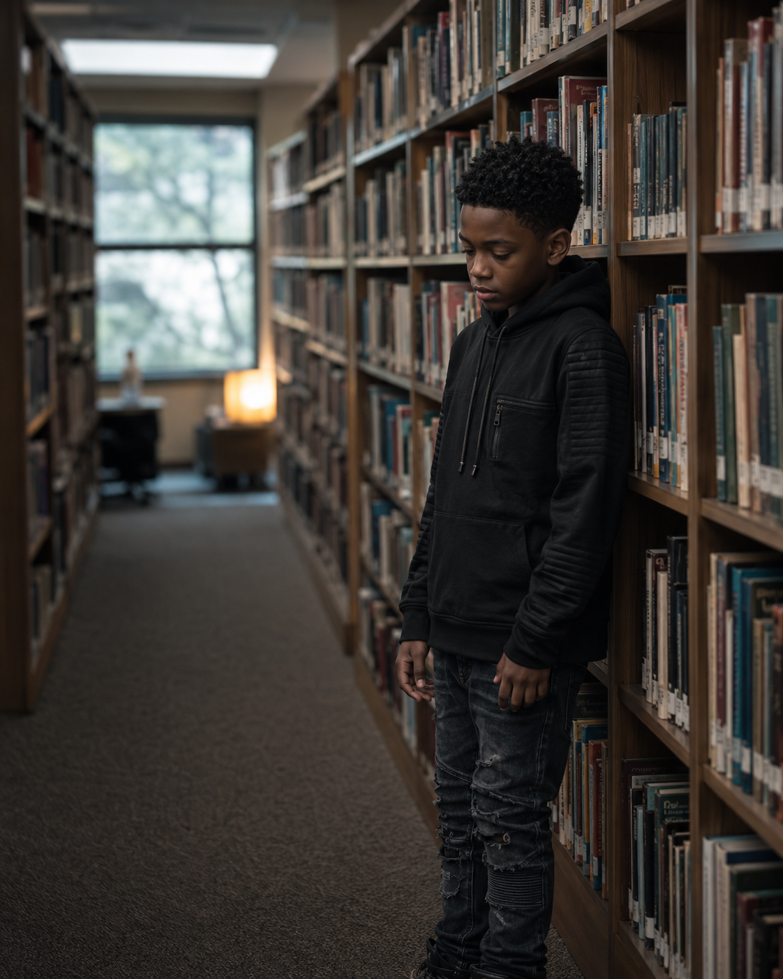 A young boy with curly hair wearing a black hoodie and ripped jeans, leaning against a bookshelf in a library, looking down with a defeated expression.
