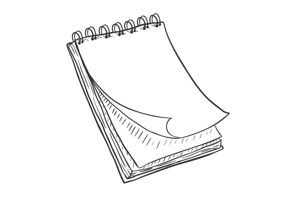 A sketch of a spiral-bound notepad with blank pages slightly bent, viewed from an angle.