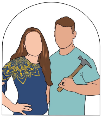 Illustration of a woman and a man standing side by side, with the man holding a hammer.