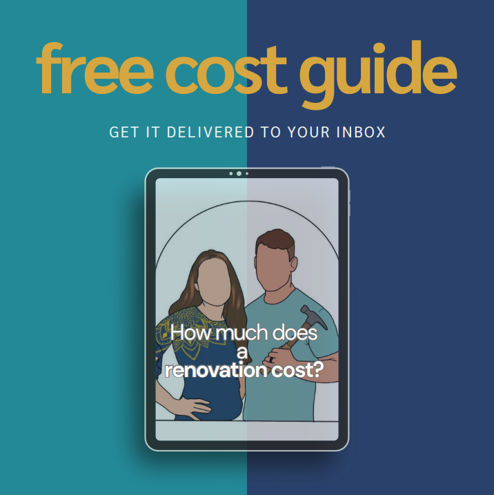 A promotional image for a free renovation cost guide featuring a tablet displaying two faceless characters, a woman and a man, with the text "How much does a renovation cost?" overlayed, and the background divided into teal and navy blue halves with the title "free cost guide" and a subtitle "Get it delivered to your inbox."