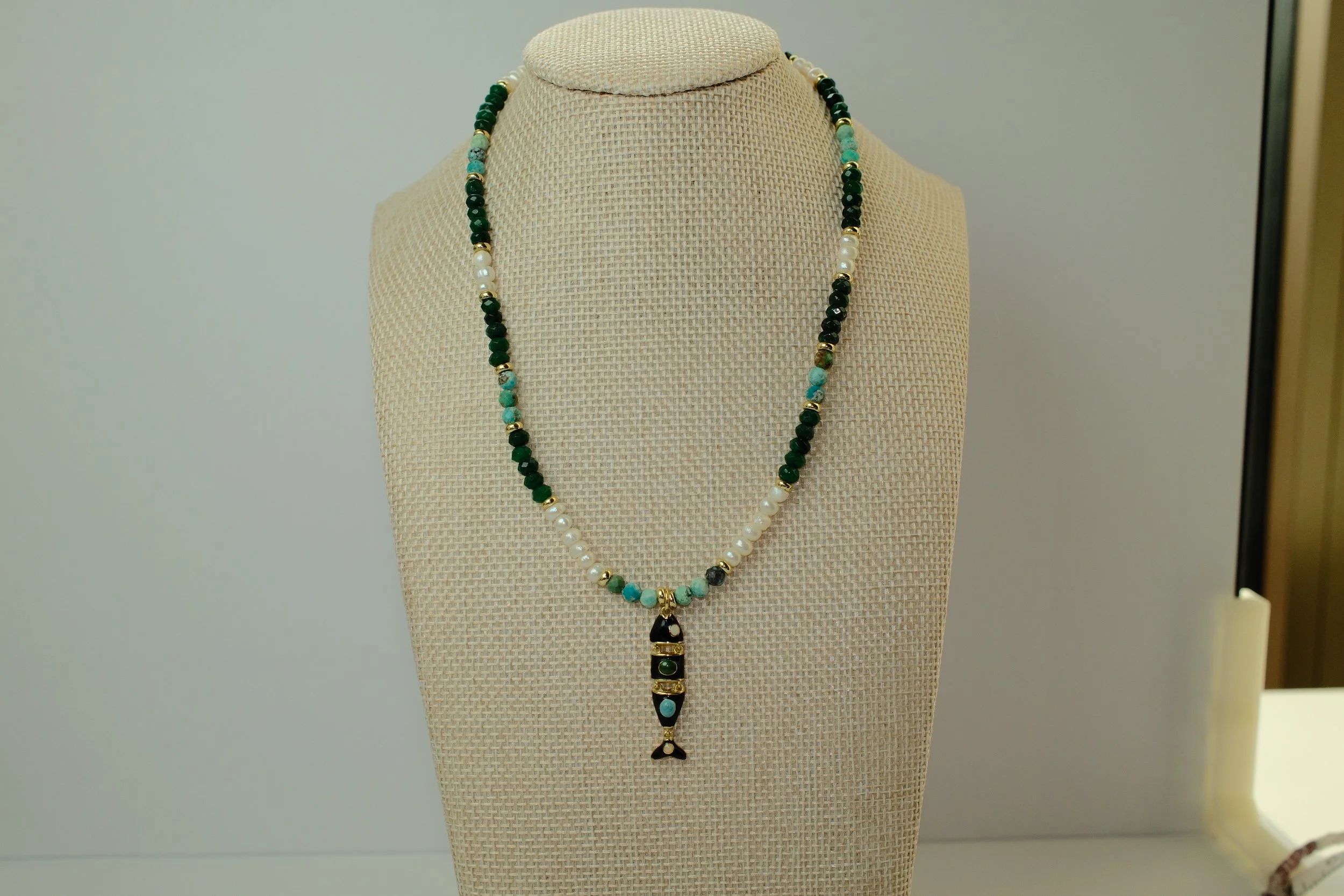 Jade, Turquoise & Pearl Choker with Gold Fish Charm