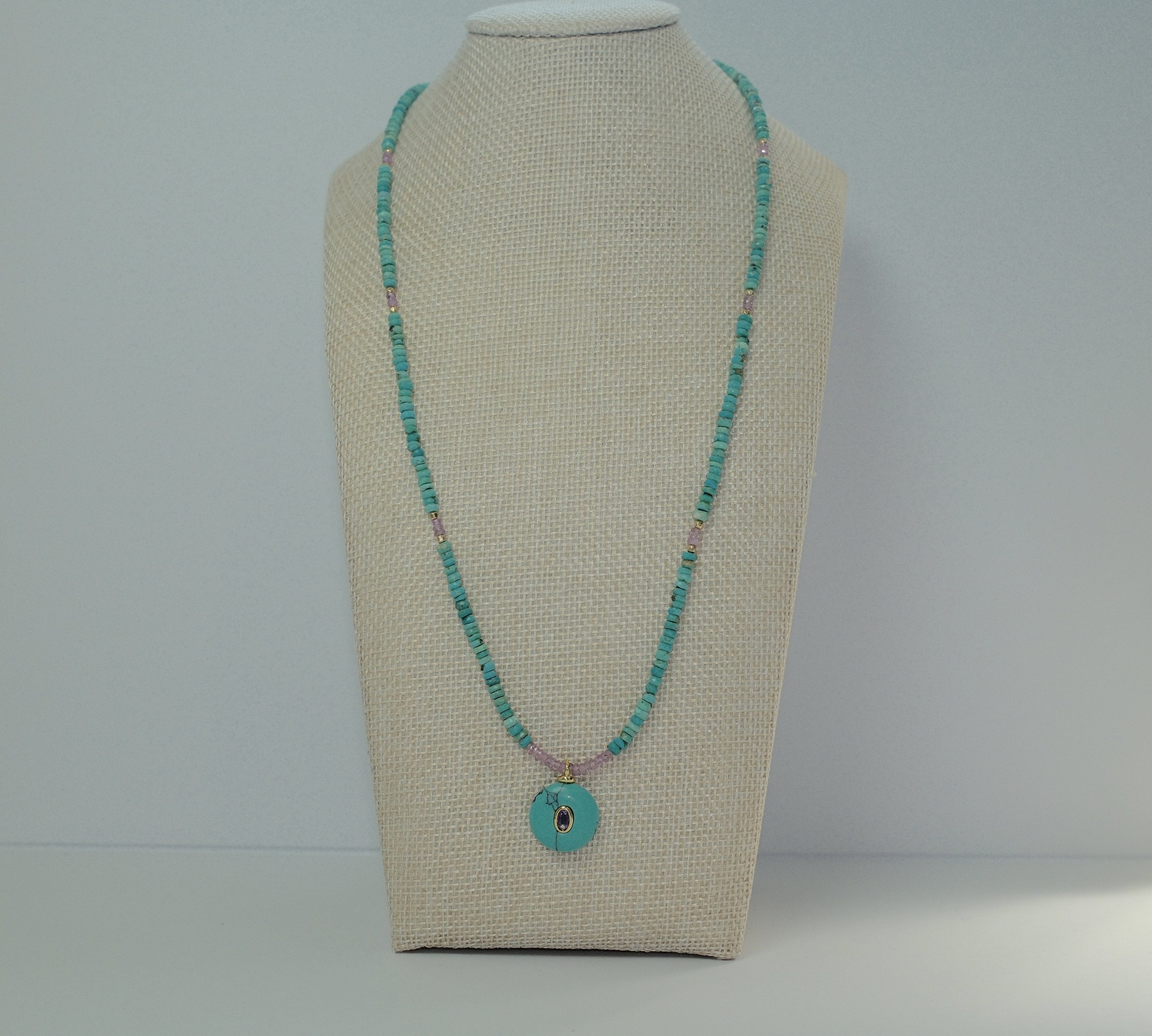 Turquoise Heishi & Pink Sapphire Necklace with Turquoise Pendant
