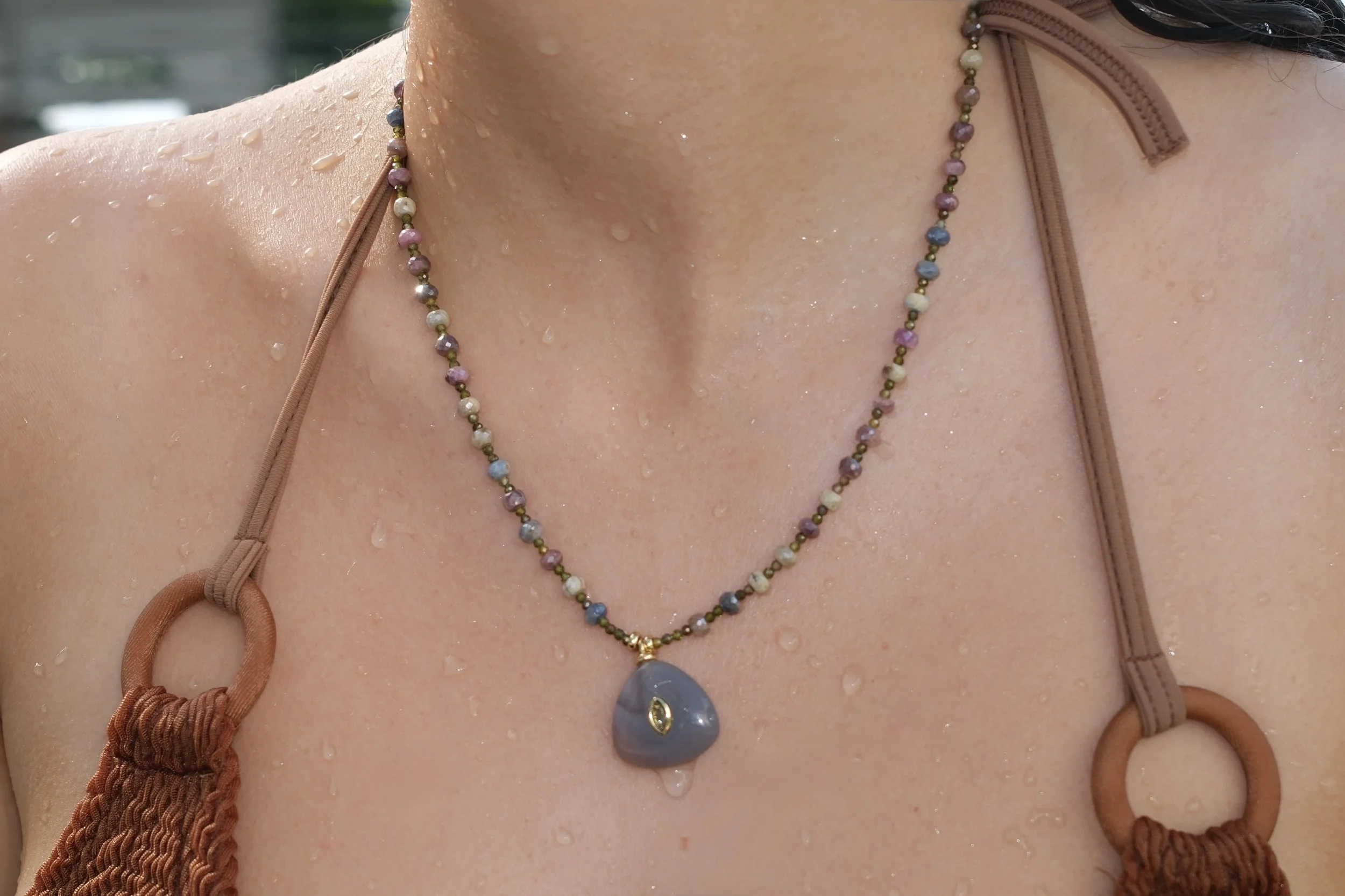 Multi Sapphire Necklace with Jade Pendant