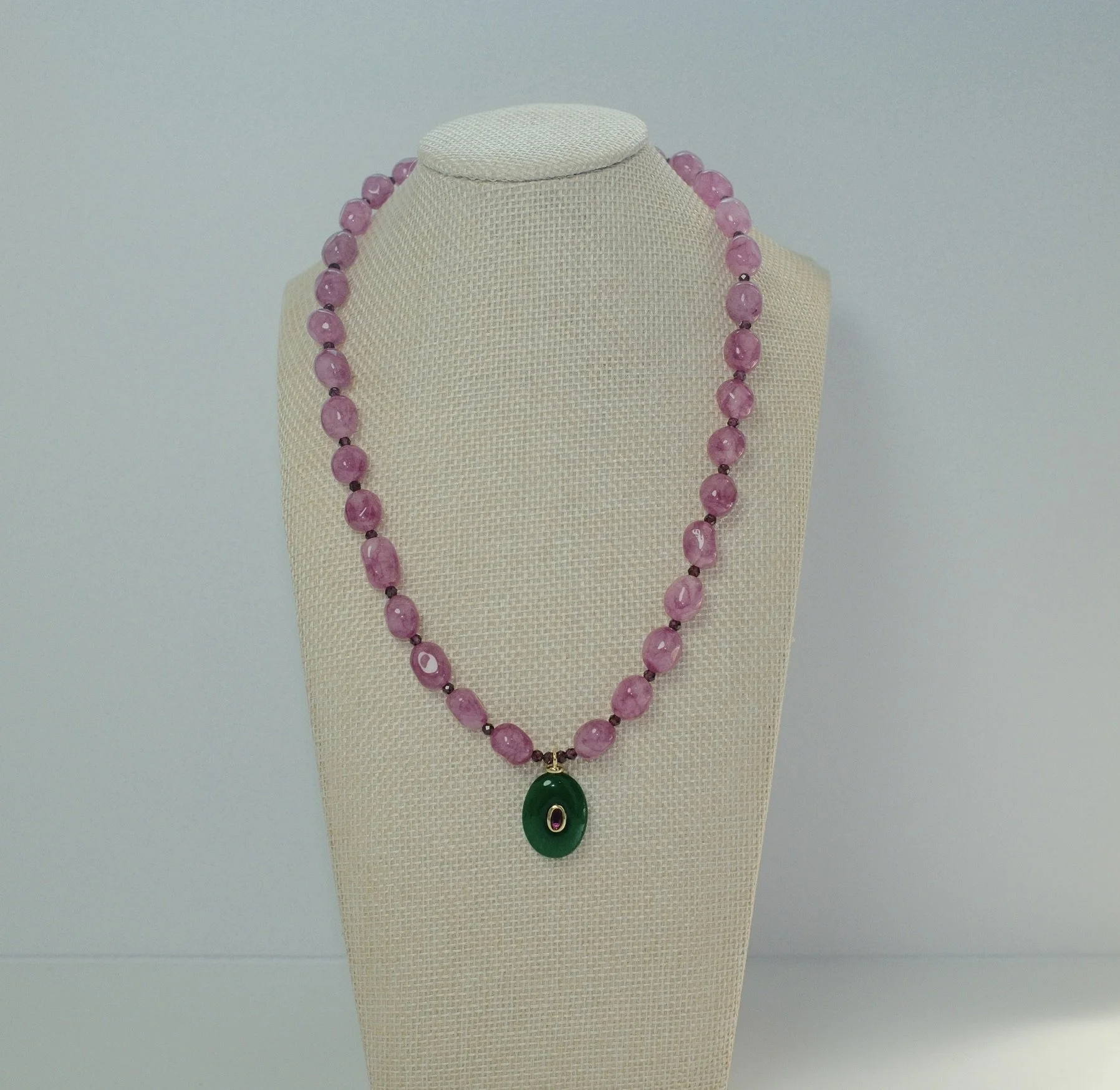 Pink Agate Necklace with  Jade Charm