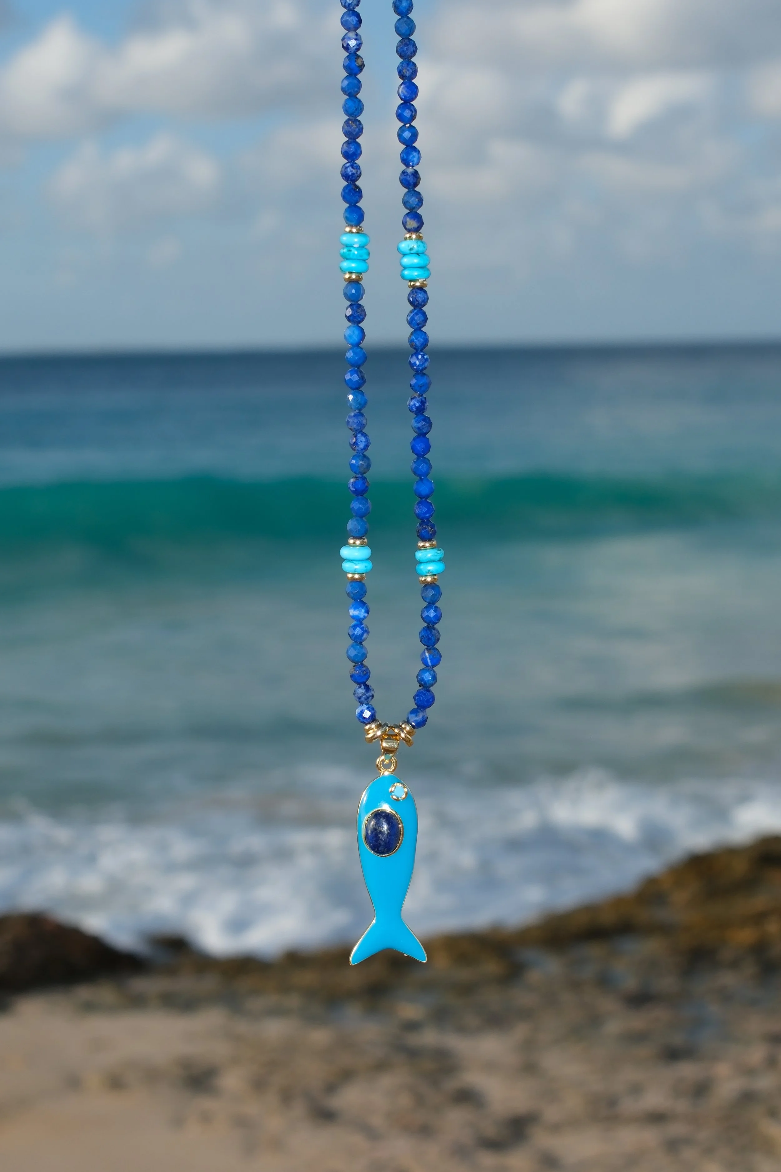 Lapis Lazuli and Turquoise Necklace with Fish Pendant