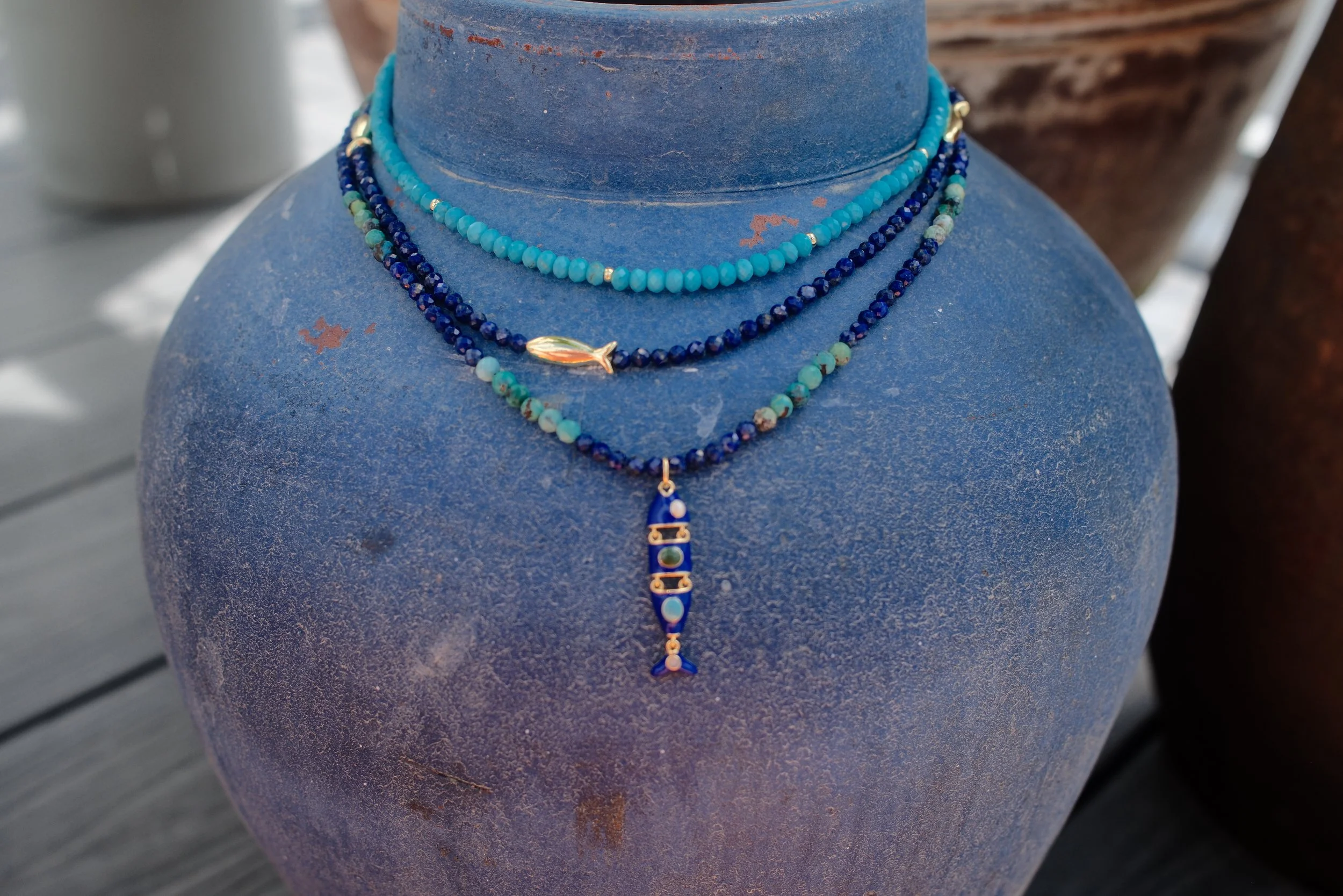 Turquoise & Lapis Lazuli Necklace with Enamel Fish Charm