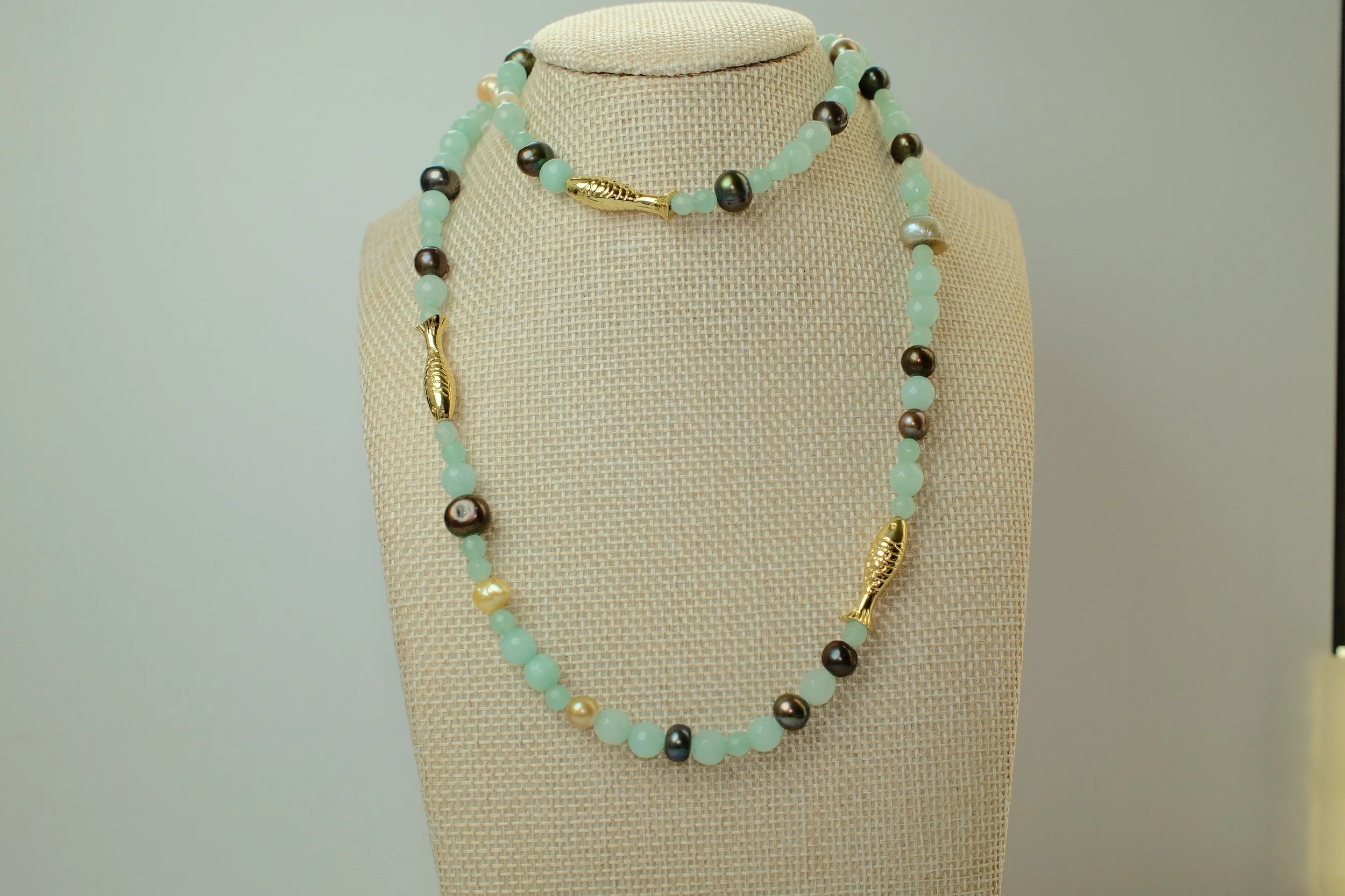 Teal Jade and Freshwater Pearl Necklace with Gold Fish