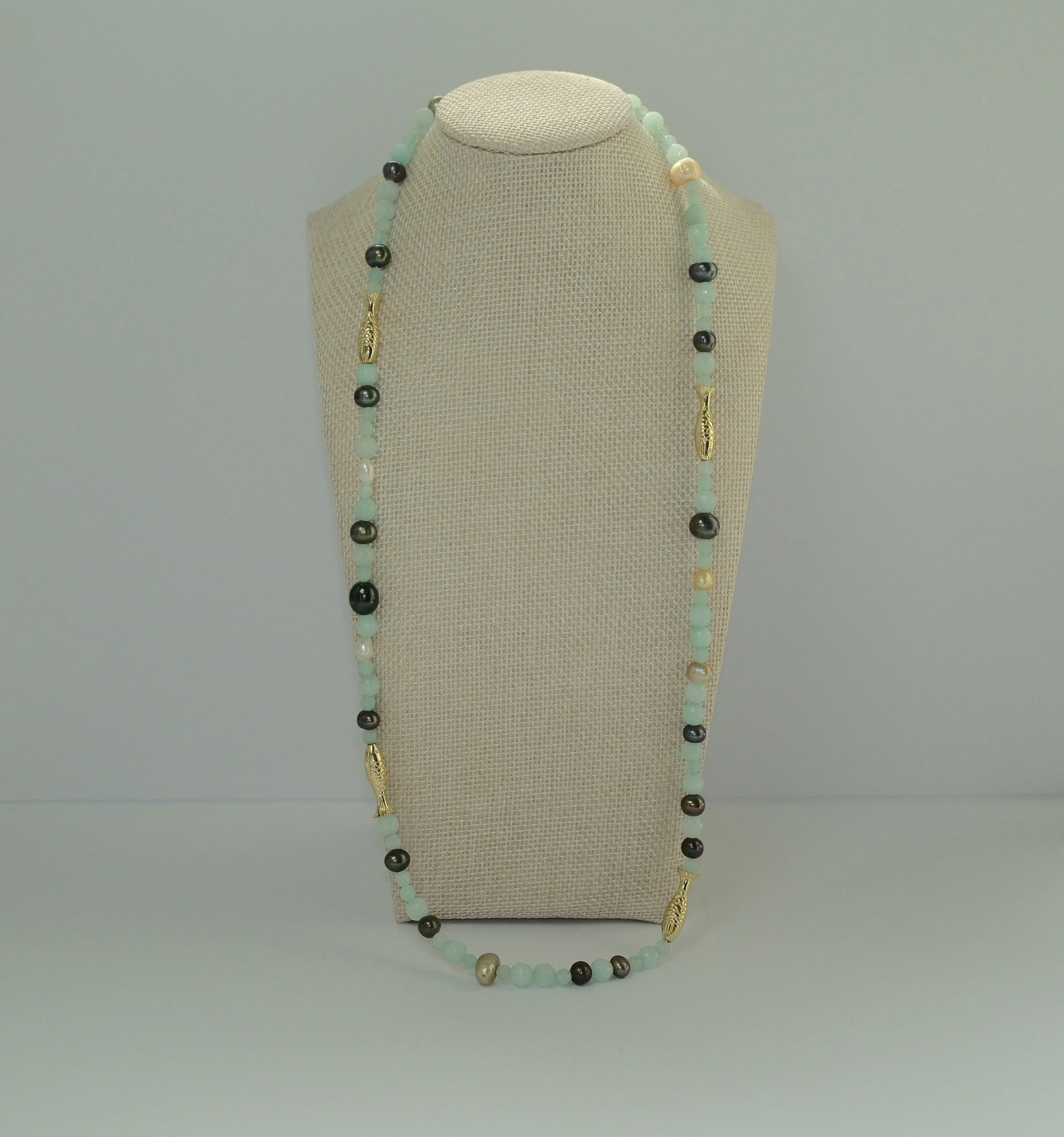 Teal Jade and Freshwater Pearl Necklace with Gold Fish
