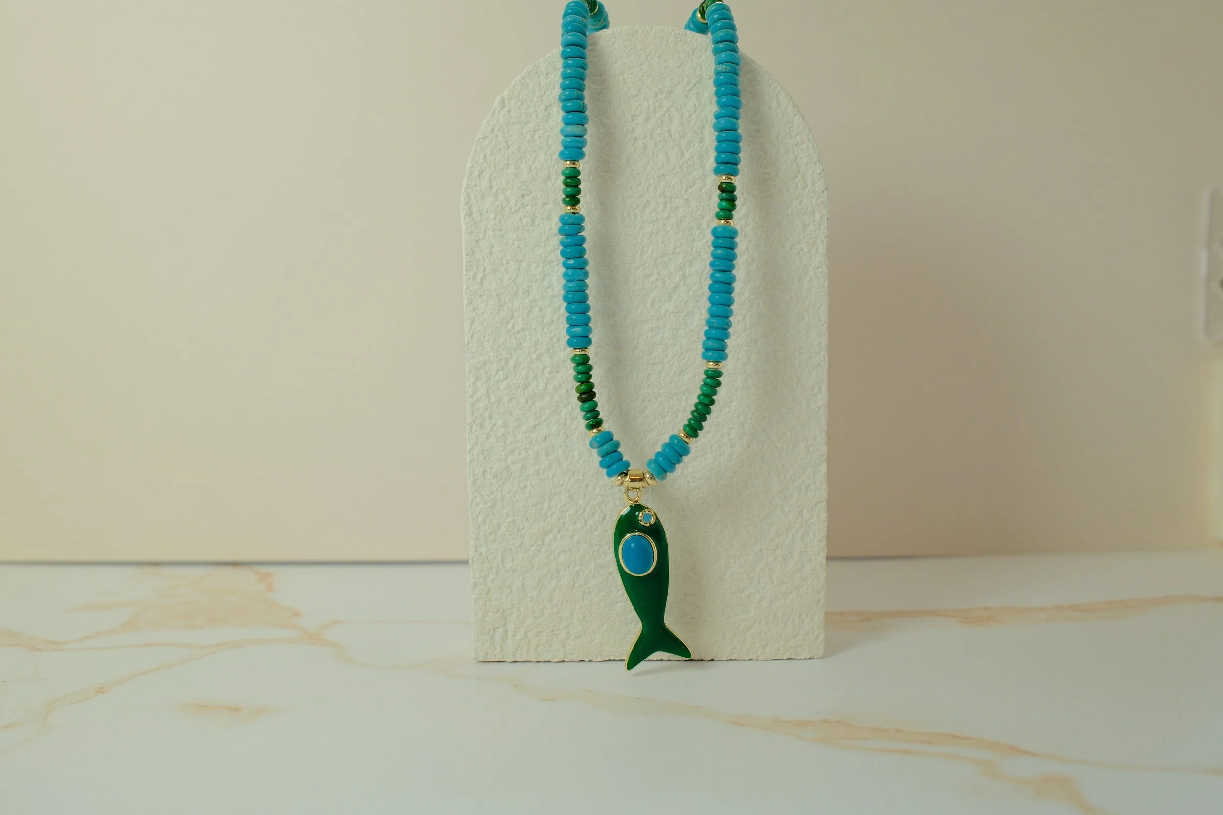 Turquoise Heishi Necklace with Green Enamel Fish Charm