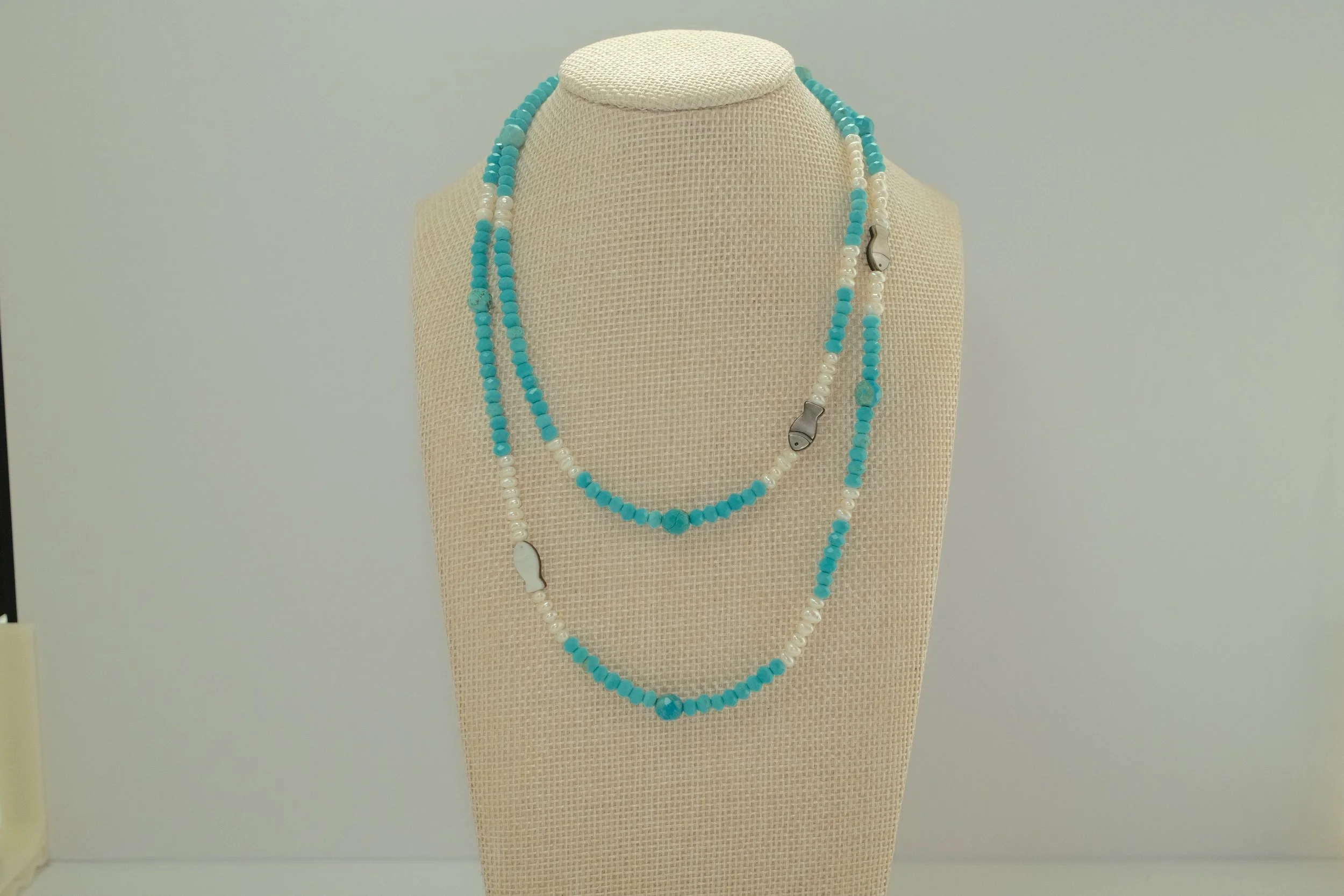 Turquoise, Pearl & Fish Wrap Necklace