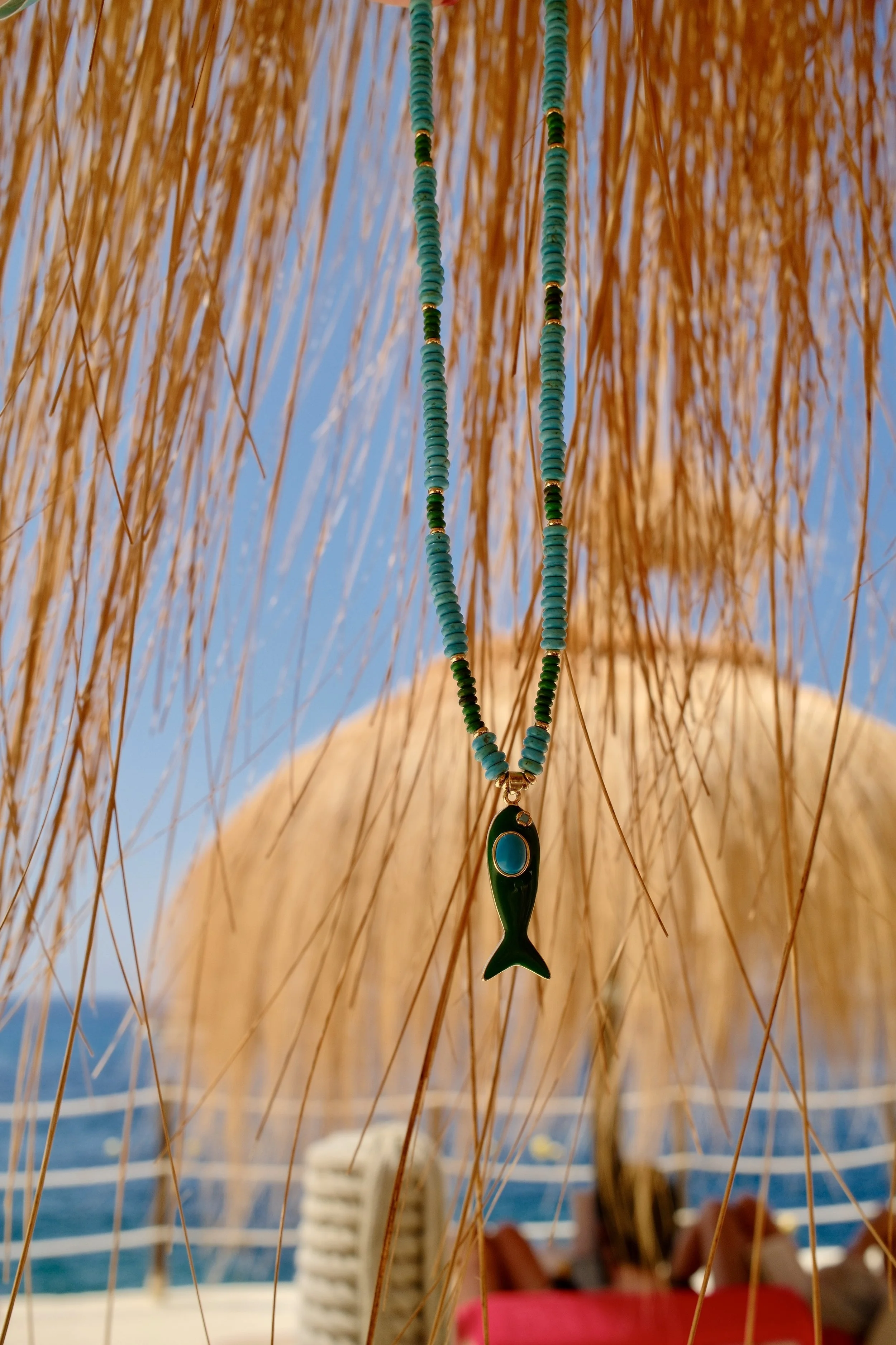 Turquoise Heishi Necklace with Green Enamel Fish Charm
