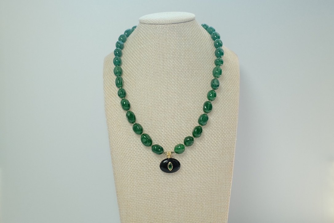 Green Jade Oval Necklace with Evil Eye Pendant