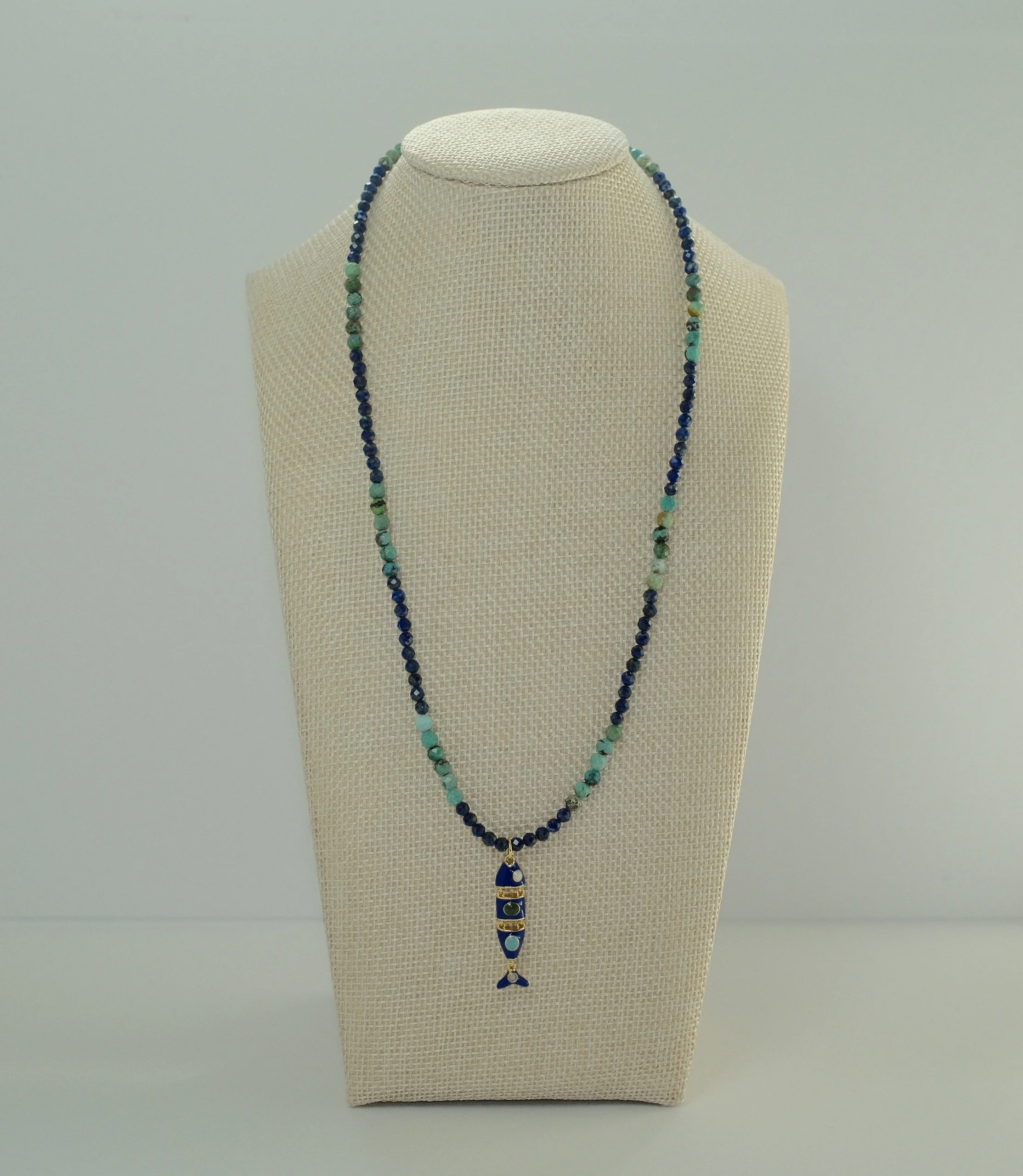 Turquoise & Lapis Lazuli Necklace with Enamel Fish Charm