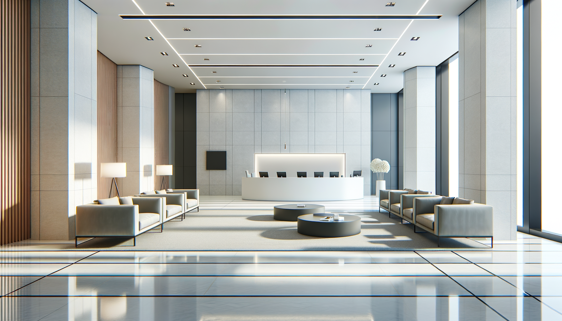 Modern hotel lobby with white reception desk, gray sofas, circular coffee tables, large windows, and minimalist decor.