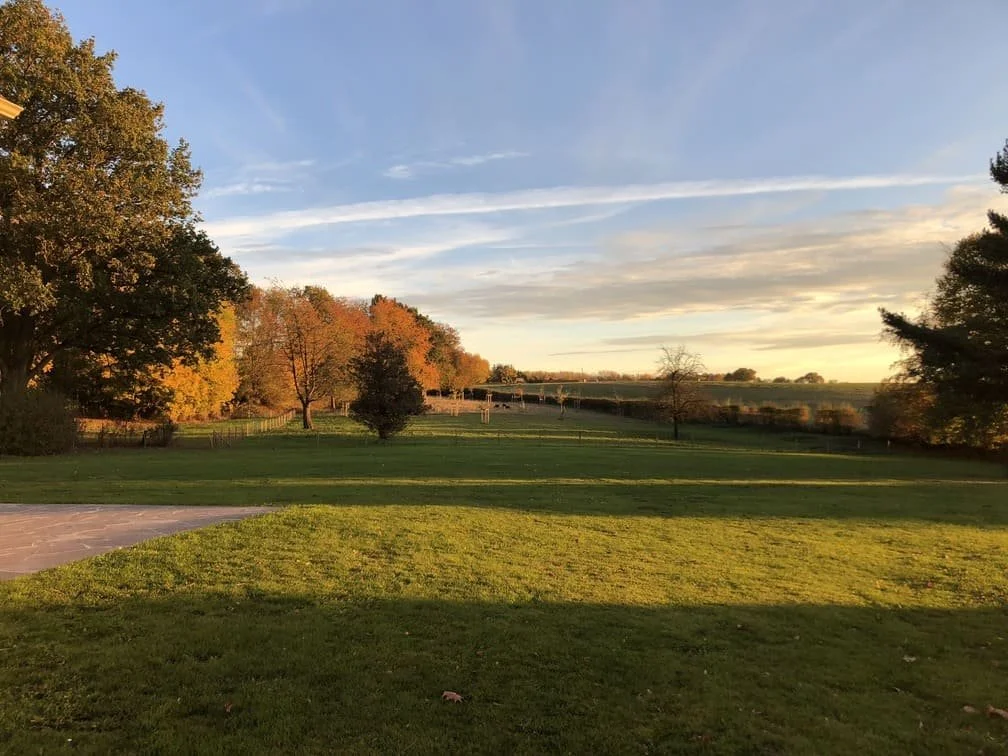 Un paysage de campagne avec un ciel partiellement nuageux, des arbres aux feuilles automnales et une pelouse verte