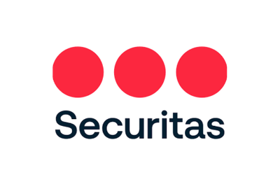 Logo de Securitas avec trois cercles rouges au-dessus du nom en bleu