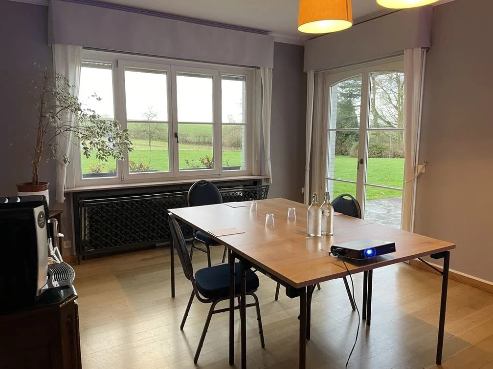 Salle de réunion ou salon avec une grande table, trois chaises, une fenêtre panoramique, une porte-fenêtre menant à l'extérieur, une plante en pot, une cafetière, et une vidéoprojecteur posé sur la table.