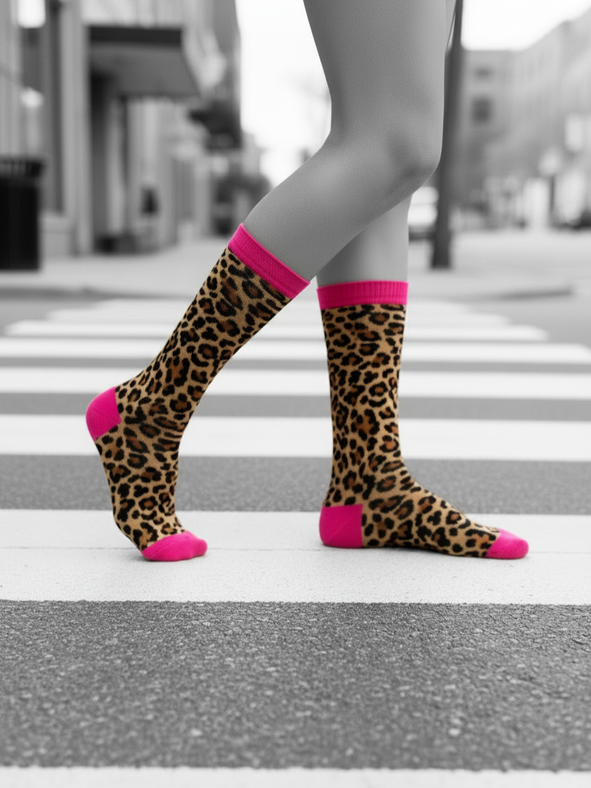 Person wearing leopard print grip socks with pink accents standing on a crosswalk. On her way to Pilates
