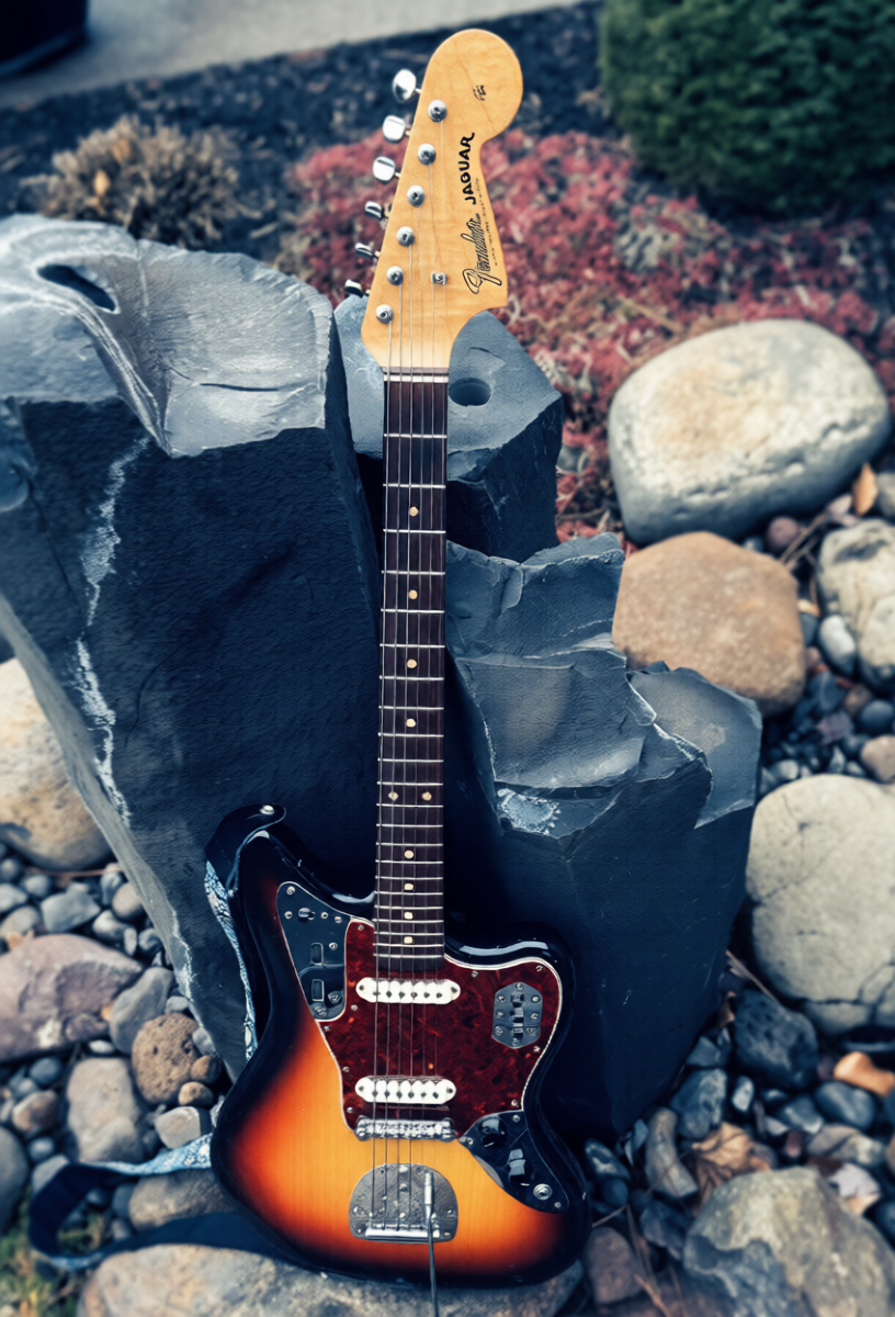 An electric guitar with a sunburst finish resting against a gray rock in an outdoor setting with pebbles and plants.