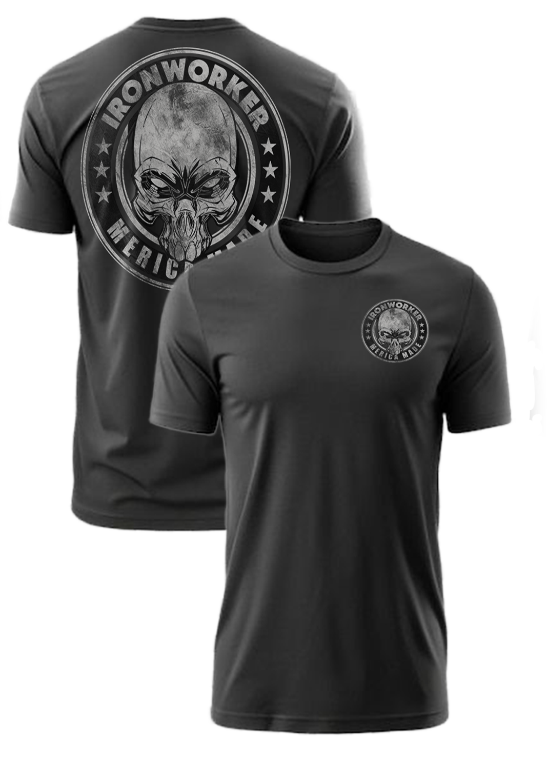 Gray T-shirt with a circular logo of a skull and the text "Ironworker America Made" on the front
