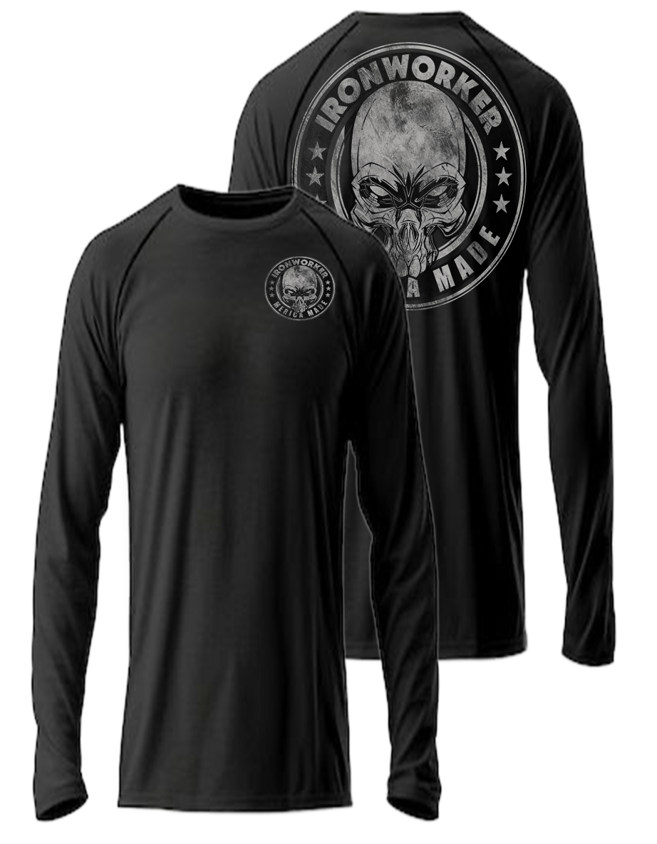 Black long-sleeve athletic shirts with skull logo and 'Ironworker' text, featuring gray graphics and circular emblem.