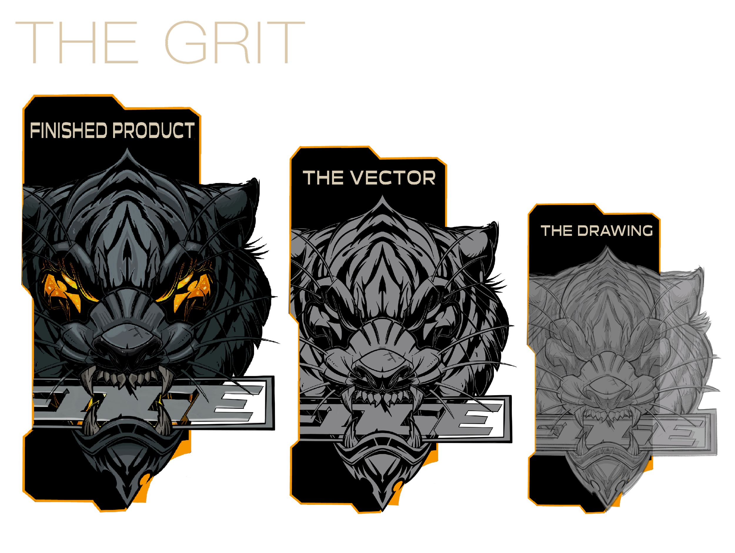 An illustration showing the progression of a tiger drawing through stages titled 'Finished Product,' 'The Vector,' and 'The Drawing.' The 'Finished Product' stage is a detailed, colored tiger head with glowing orange eyes. 'The Vector' is a black and gray vector outline of the tiger's head. 'The Drawing' is a grayscale sketch of the tiger's head.