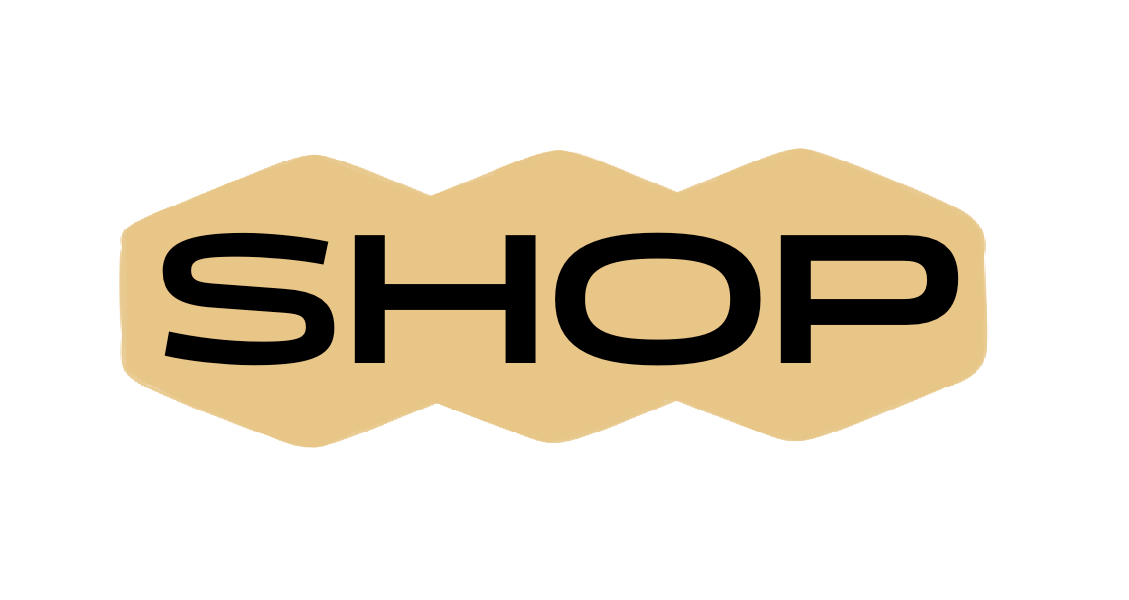 Black background with a beige polygonal shape in the center containing the word 'SHOP' in bold black letters.