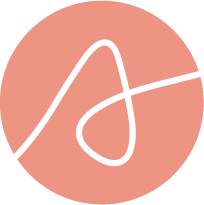 A black line drawing on a pink circular background, resembling a stylized signature or abstract doodle.