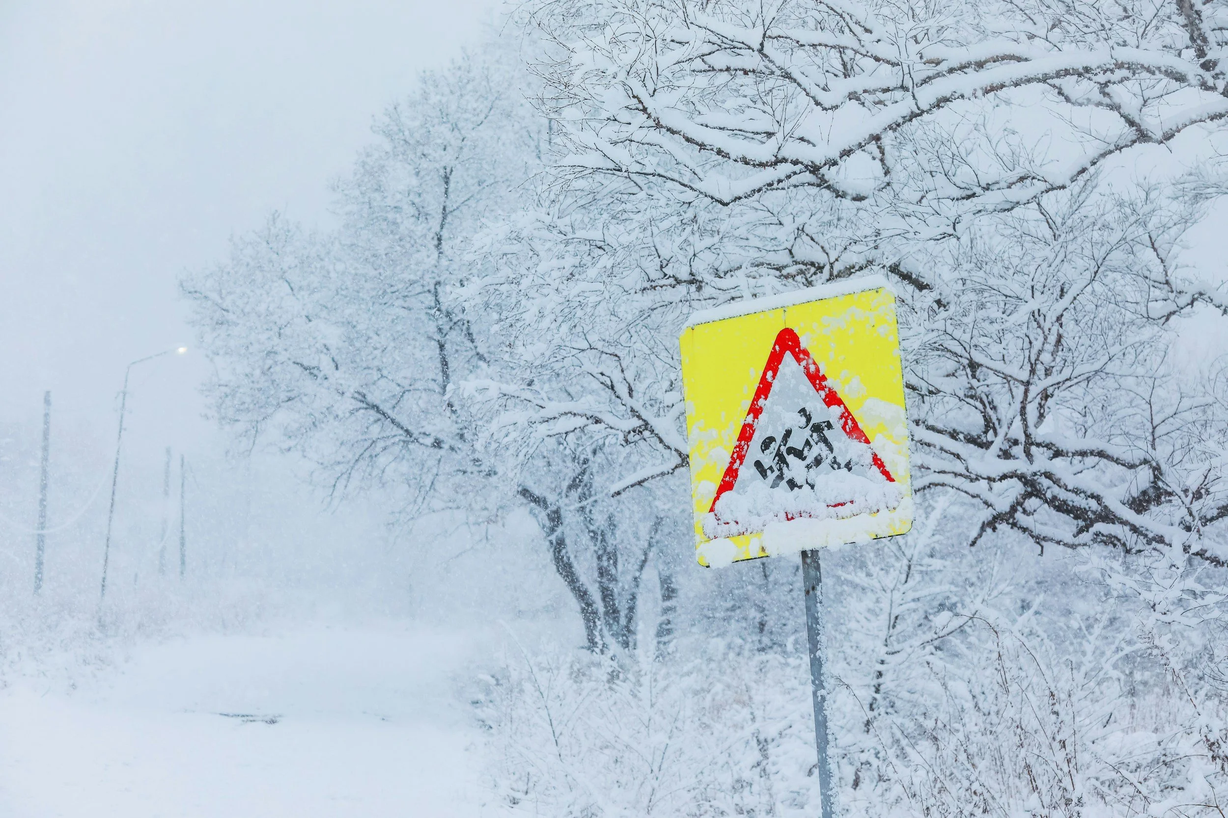 Snow-covered trees and a traffic warning sign partially covered with snow on a winter day.