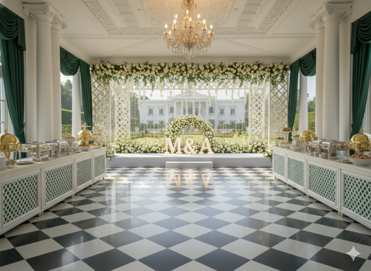 Elegant wedding reception setup at the White House with floral arrangements, the letters 'M & A', chandeliers, and draped green curtains.